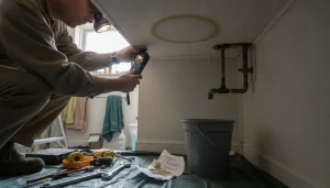 Hidden water leak signs in Temple homes—ceiling stain spreading near bathroom vent stack